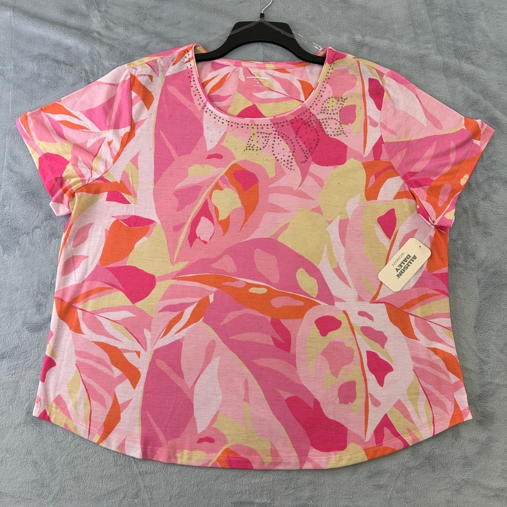 NWT Allison Daley Woman Pink Tropical Leaf Print Rhinestone Crew Neck Top 2X